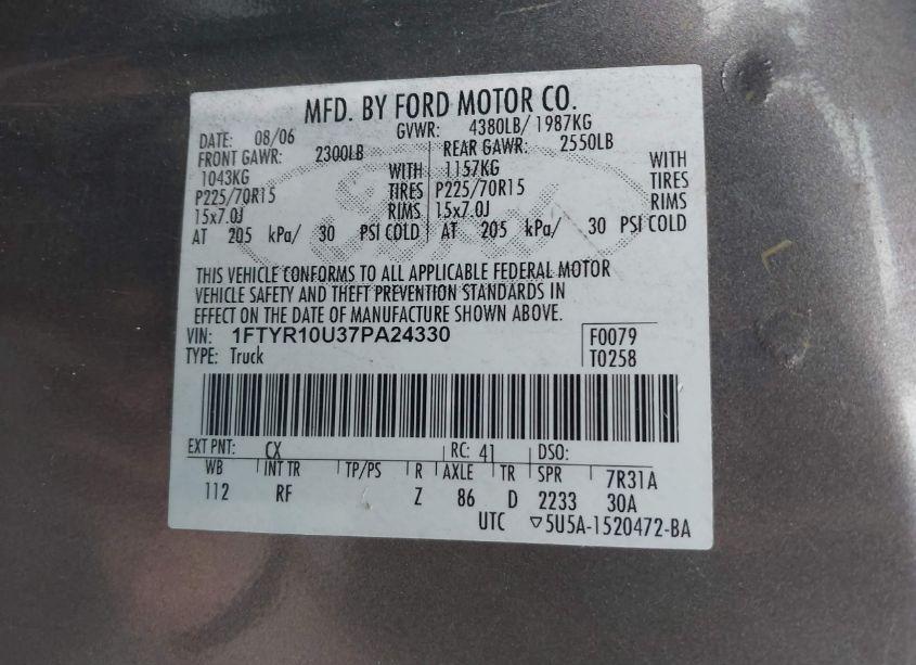 Photo 9 of 2007 Ford Ranger SPORT/STX/XL/XLT (VIN 1FTYR10U37PA24330)