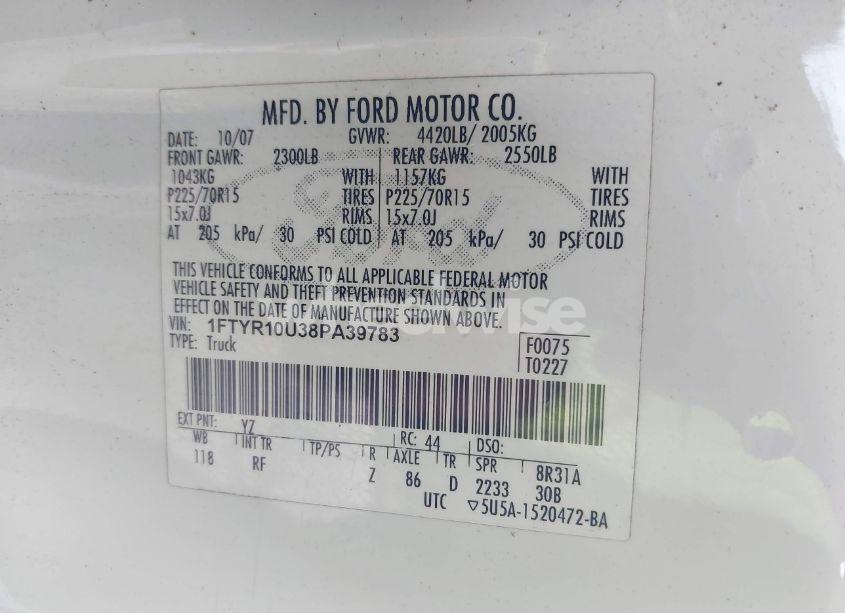 Photo 9 of 2008 Ford Ranger SPORT/XL/XLT (VIN 1FTYR10U38PA39783)