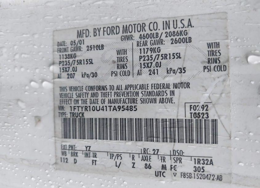 Photo 9 of 2001 Ford Ranger EDGE/XL/XLT (VIN 1FTYR10U41TA95485)