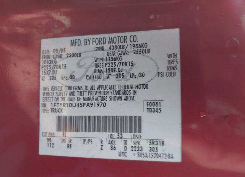 Photo 9 of 2005 Ford Ranger EDGE/STX/XL/XLS/XLT (VIN 1FTYR10U45PA91970)
