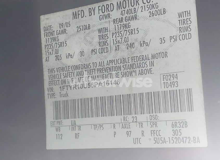 Photo 9 of 2006 Ford Ranger SPORT/STX/XL/XLT (VIN 1FTYR10U56PA16146)