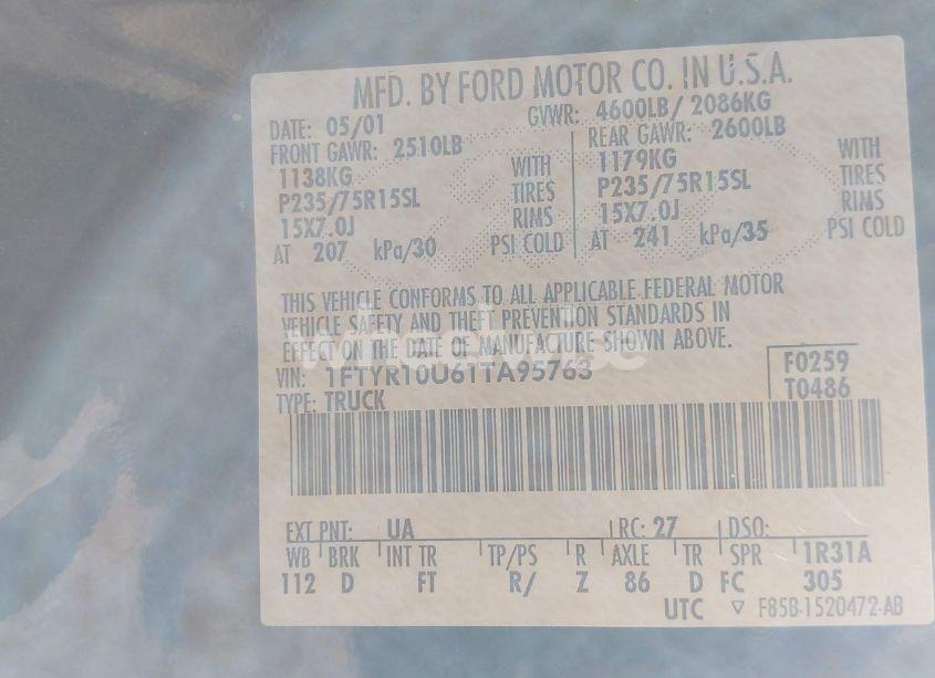 Photo 9 of 2001 Ford Ranger (VIN 1FTYR10U61TA95763)
