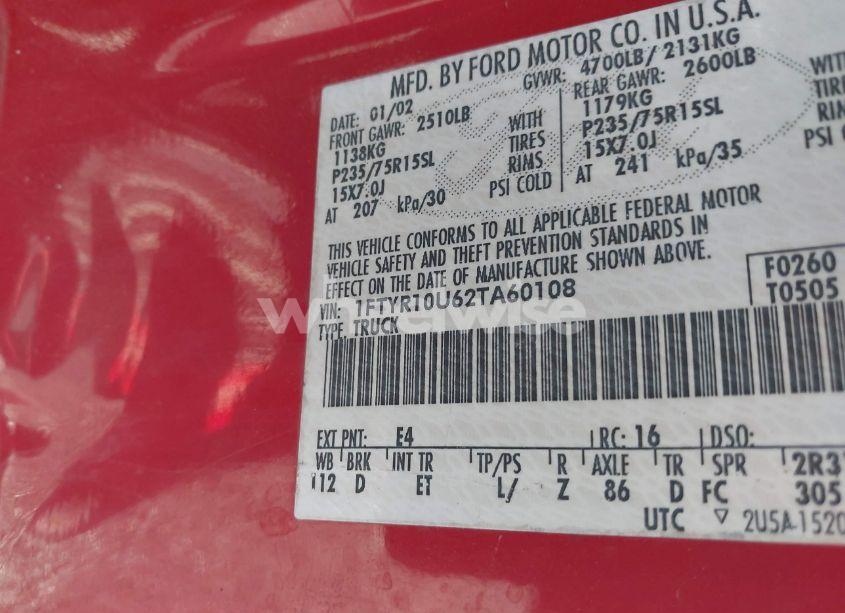 Photo 9 of 2002 Ford Ranger EDGE/XL/XLT (VIN 1FTYR10U62TA60108)