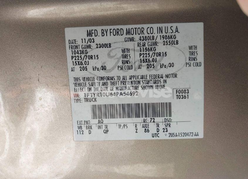 Photo 9 of 2004 Ford Ranger EDGE/XL/XLT (VIN 1FTYR10U64PA54692)