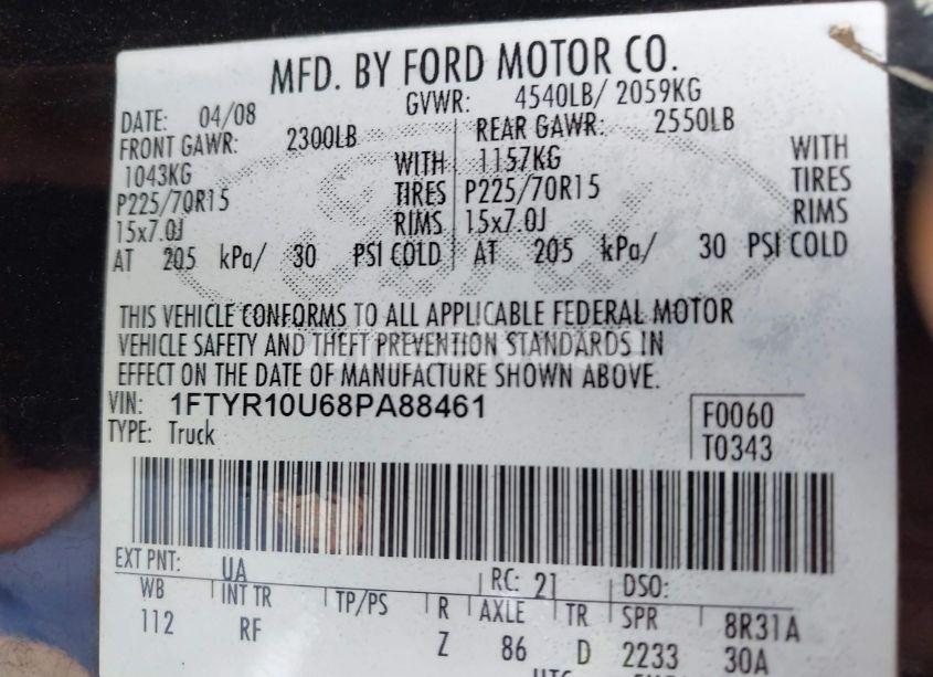Photo 9 of 2008 Ford Ranger SPORT/XL/XLT (VIN 1FTYR10U68PA88461)