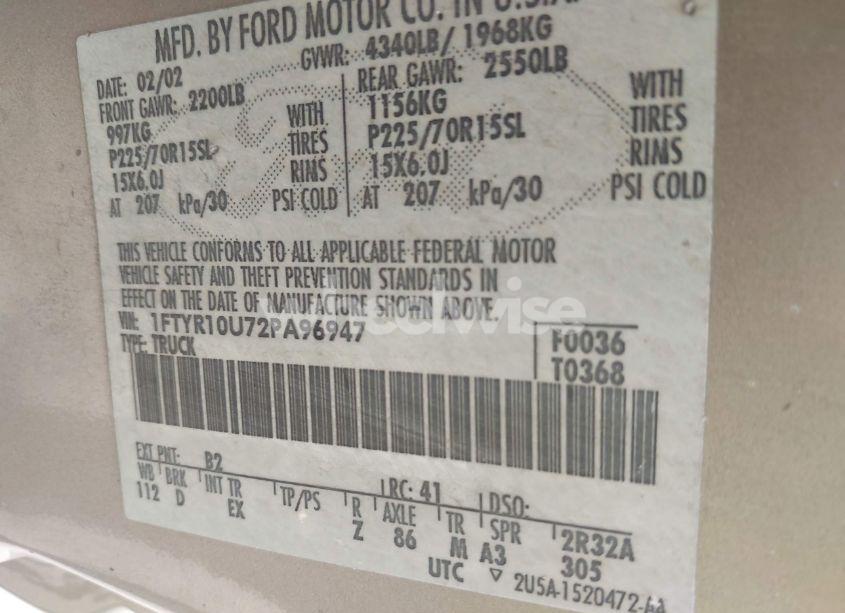 Photo 9 of 2002 Ford Ranger EDGE/XL/XLT (VIN 1FTYR10U72PA96947)