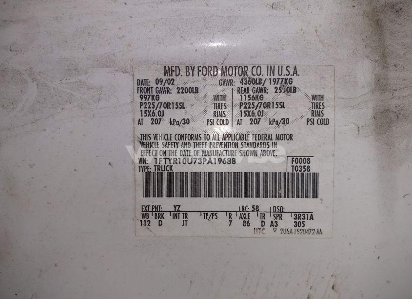 Photo 9 of 2003 Ford Ranger EDGE/XL/XLT (VIN 1FTYR10U73PA19688)
