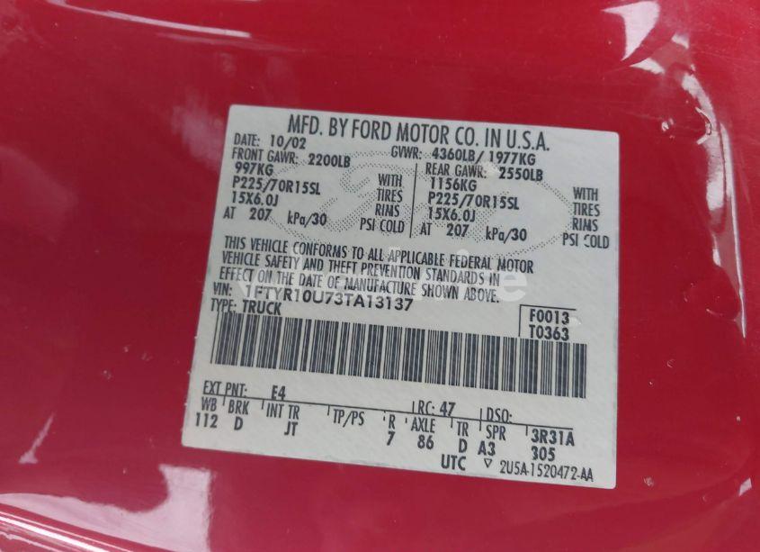 Photo 9 of 2003 Ford Ranger EDGE/XL/XLT (VIN 1FTYR10U73TA13137)