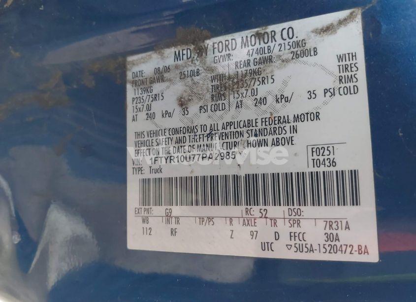 Photo 9 of 2007 Ford Ranger SPORT/STX/XL/XLT (VIN 1FTYR10U77PA29854)