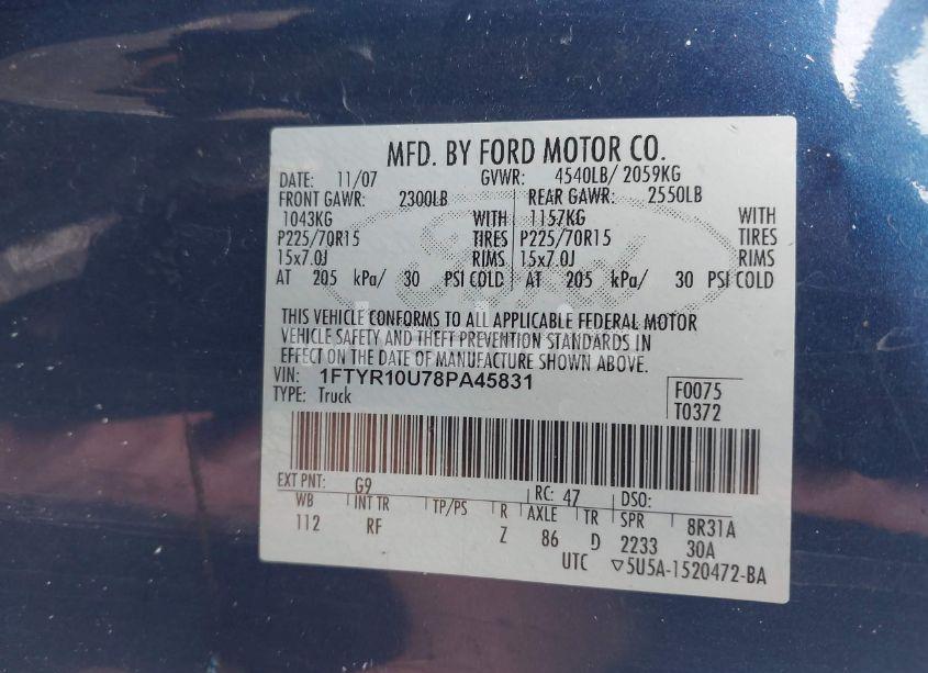 Photo 9 of 2008 Ford Ranger (VIN 1FTYR10U78PA45831)