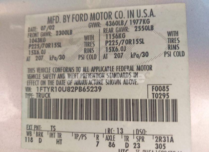 Photo 9 of 2002 Ford Ranger EDGE/XL/XLT (VIN 1FTYR10U82PB65239)