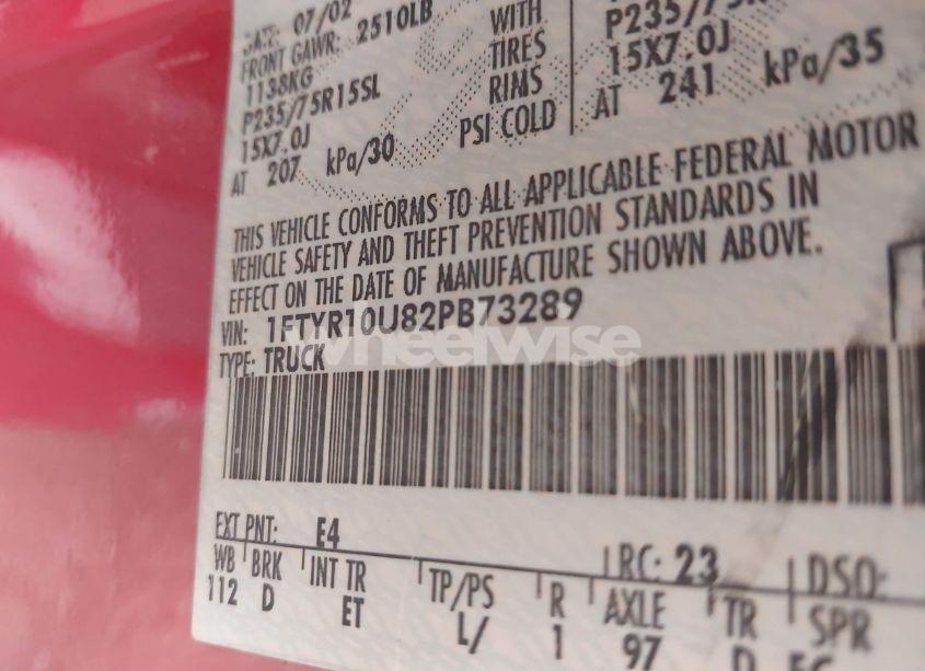 Photo 9 of 2002 Ford Ranger EDGE/XL/XLT (VIN 1FTYR10U82PB73289)