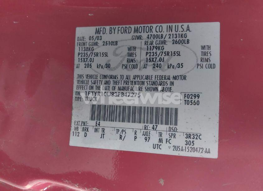 Photo 9 of 2003 Ford Ranger EDGE/XL/XLT (VIN 1FTYR10U83PB47275)