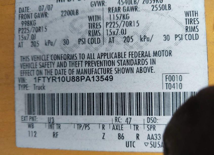 Photo 9 of 2008 Ford Ranger SPORT/XL/XLT (VIN 1FTYR10U88PA13549)