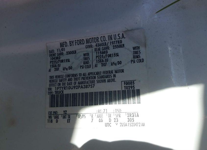 Photo 9 of 2002 Ford Ranger EDGE/XL/XLT (VIN 1FTYR10U92PA38757)
