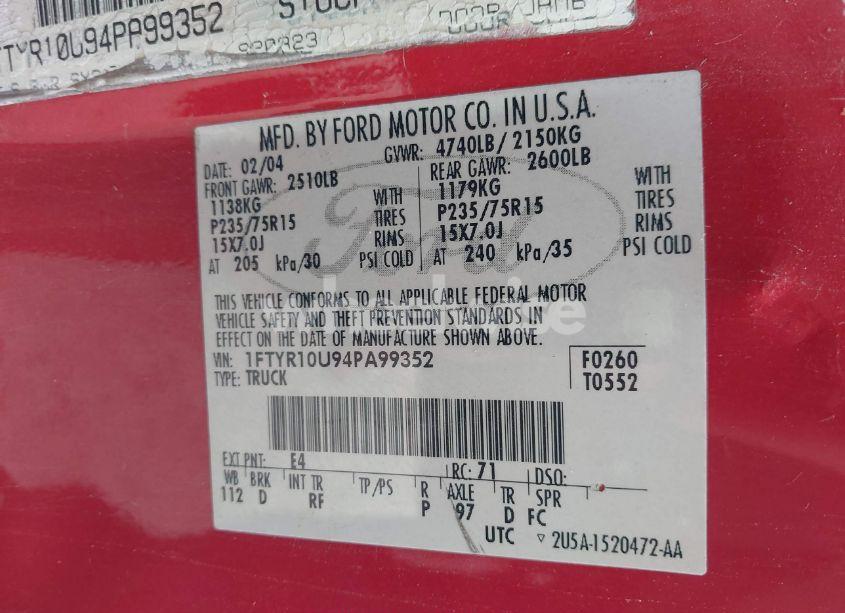 Photo 9 of 2004 Ford Ranger EDGE/XL/XLT (VIN 1FTYR10U94PA99352)