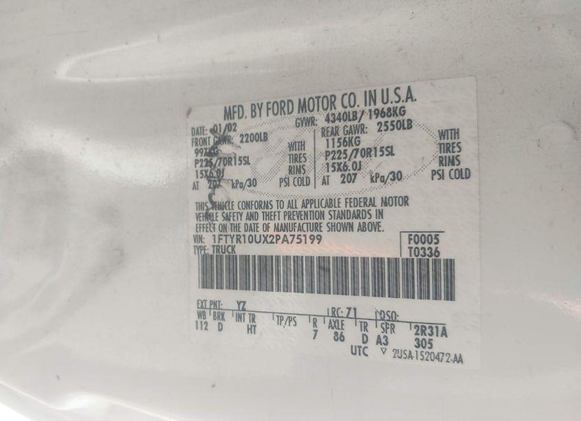 Photo 9 of 2002 Ford Ranger EDGE/XL/XLT (VIN 1FTYR10UX2PA75199)