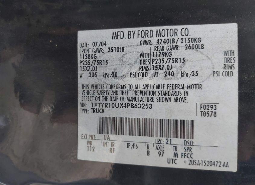 Photo 9 of 2004 Ford Ranger EDGE/XL/XLT (VIN 1FTYR10UX4PB63253)