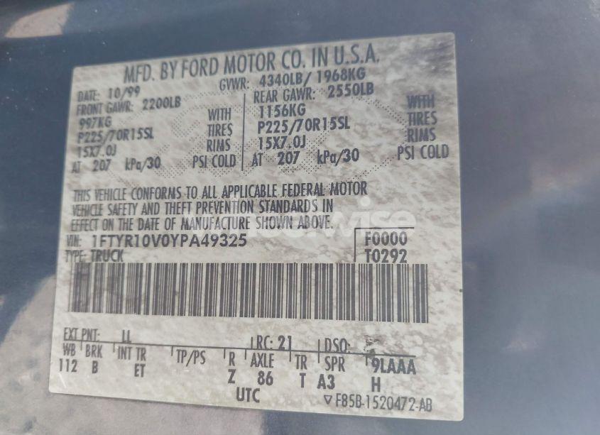 Photo 9 of 2000 Ford Ranger XL/XLT (VIN 1FTYR10V0YPA49325)