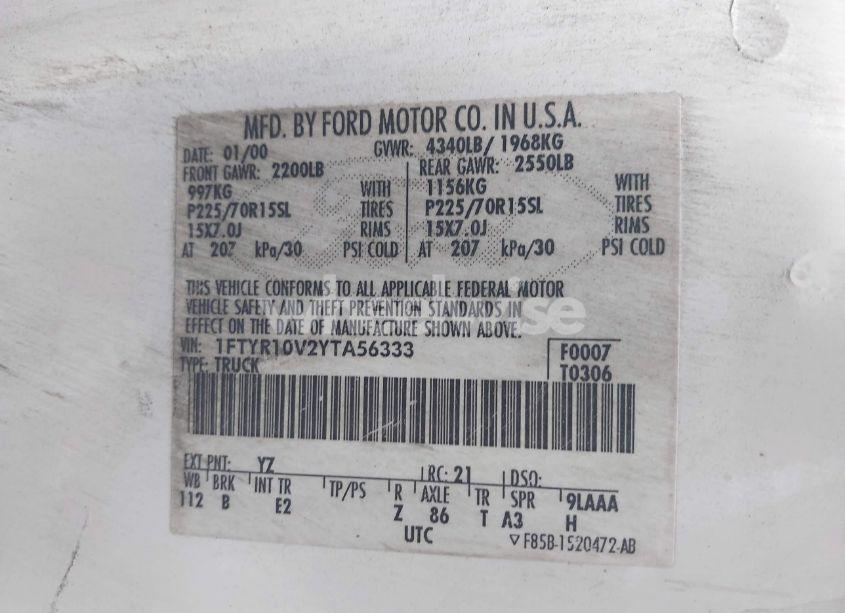 Photo 9 of 2000 Ford Ranger XL/XLT (VIN 1FTYR10V2YTA56333)