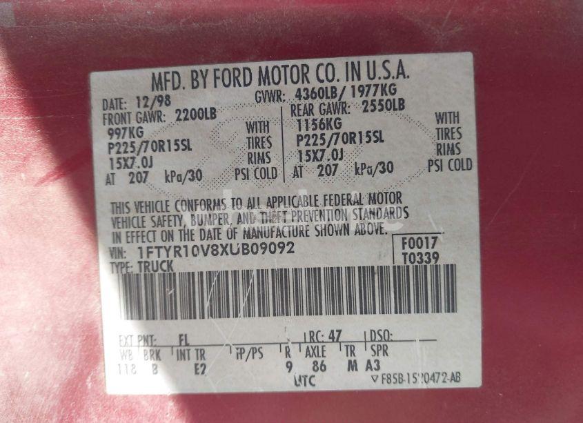 Photo 9 of 1999 Ford Ranger XL/XLT (VIN 1FTYR10V8XUB09092)