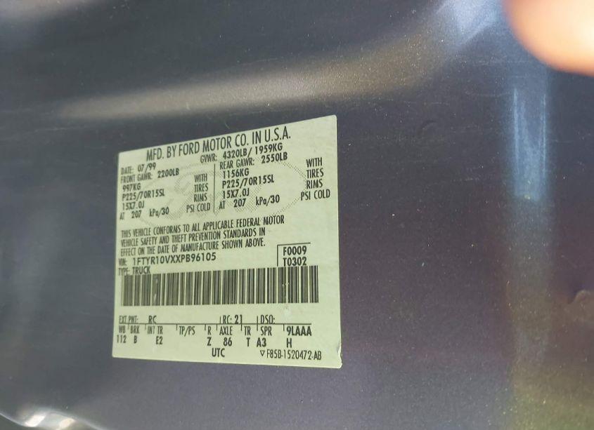 Photo 9 of 1999 Ford Ranger XL/XLT (VIN 1FTYR10VXXPB96105)