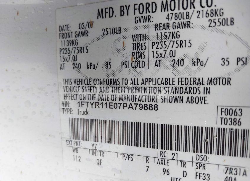 Photo 9 of 2007 Ford Ranger (VIN 1FTYR11E07PA79888)