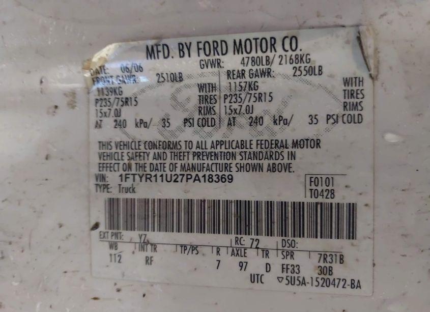 Photo 9 of 2007 Ford Ranger SPORT/XL/XLT (VIN 1FTYR11U27PA18369)