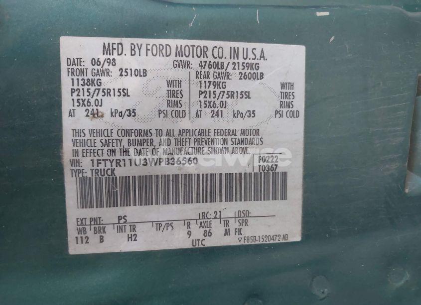 Photo 9 of 1998 Ford Ranger SPLASH/XL/XLT (VIN 1FTYR11U3WPB36560)