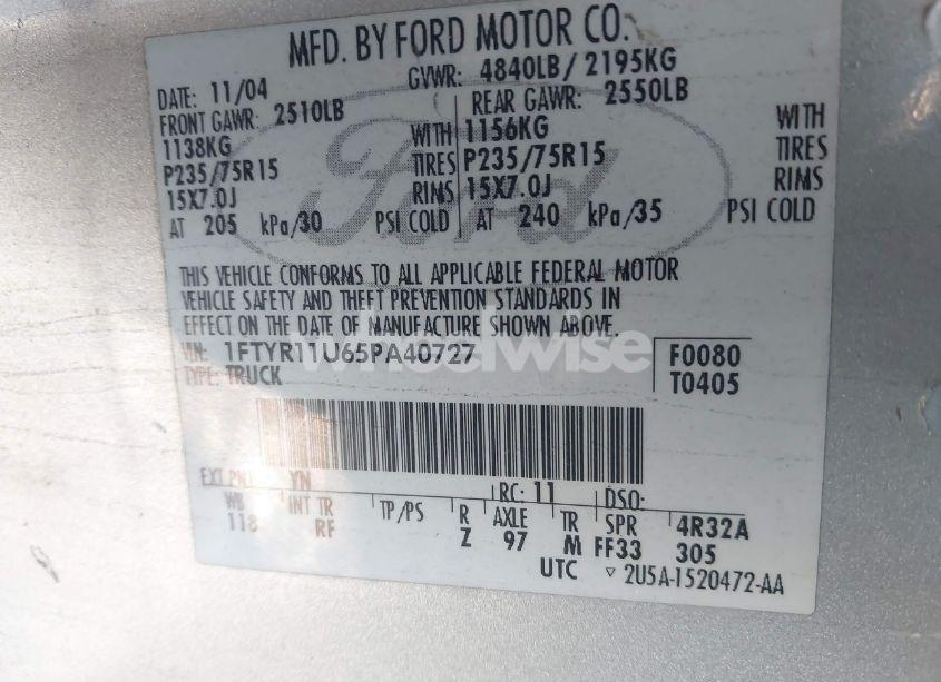 Photo 9 of 2005 Ford Ranger EDGE/XL/XLT (VIN 1FTYR11U65PA40727)