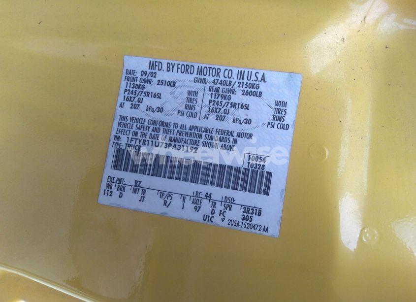 Photo 9 of 2003 Ford Ranger EDGE (VIN 1FTYR11U73PA31192)