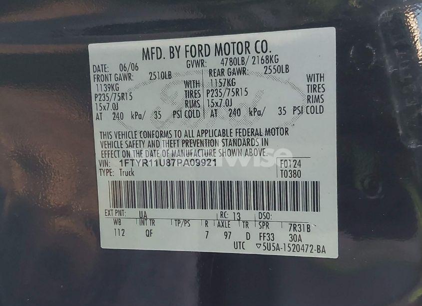 Photo 9 of 2007 Ford Ranger SPORT/XL/XLT (VIN 1FTYR11U87PA09921)