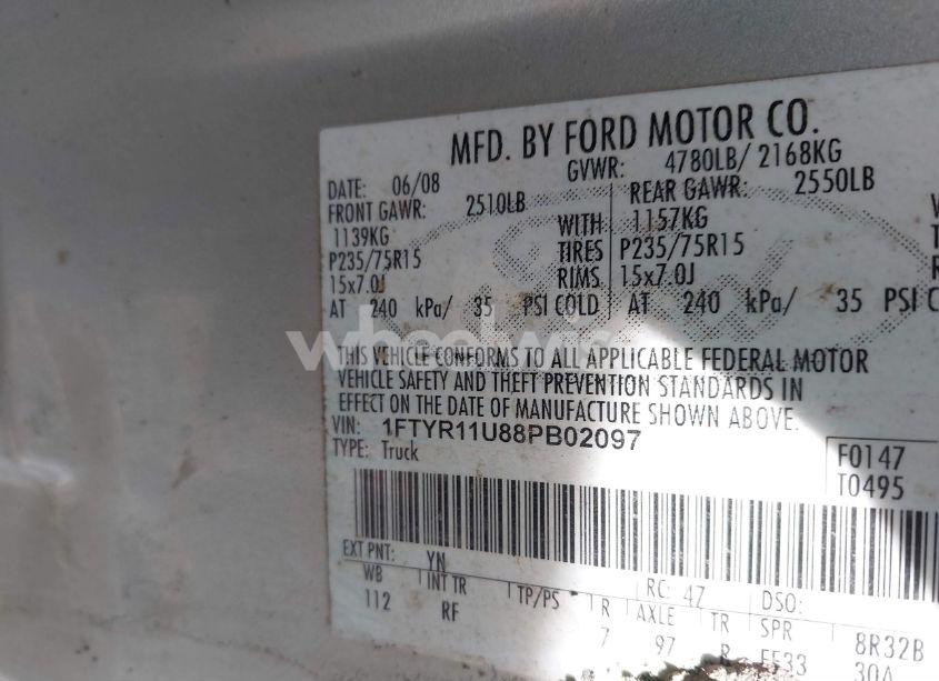 Photo 9 of 2008 Ford Ranger SPORT/XL/XLT (VIN 1FTYR11U88PB02097)