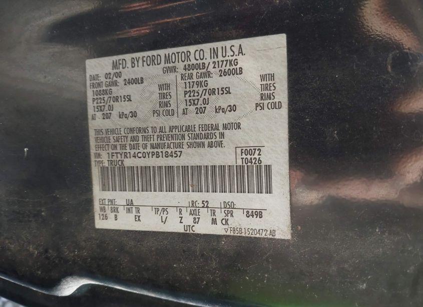 Photo 9 of 2000 Ford Ranger XL/XLT (VIN 1FTYR14C0YPB18457)