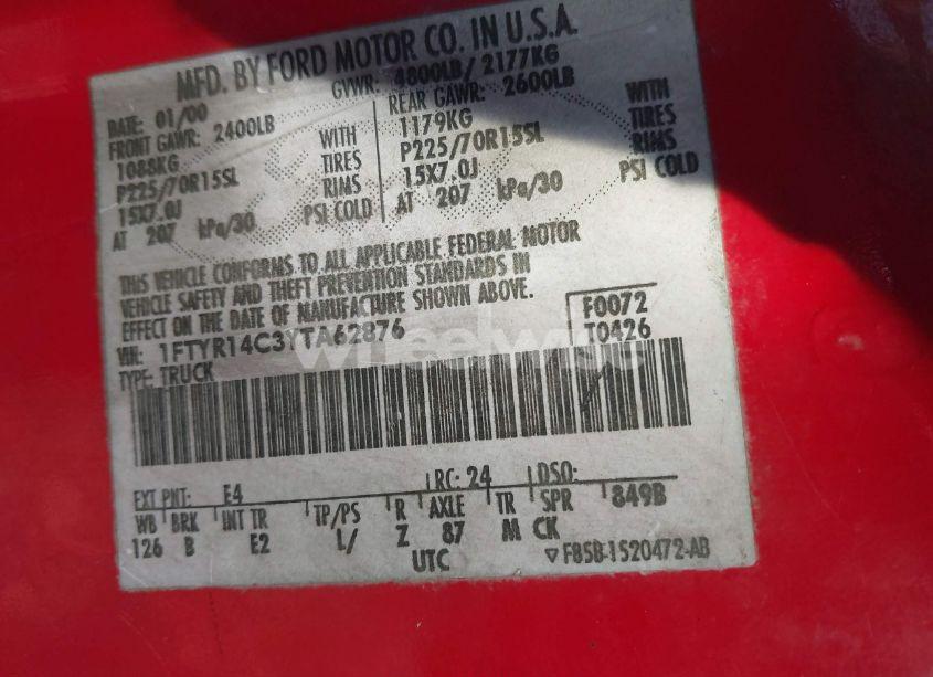 Photo 9 of 2000 Ford Ranger XL/XLT (VIN 1FTYR14C3YTA62876)