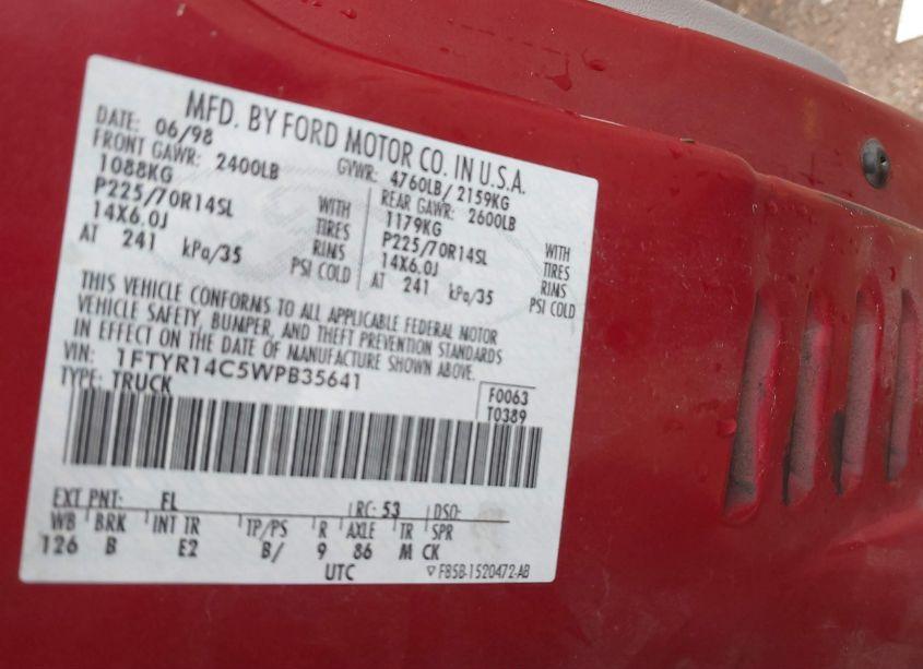 Photo 9 of 1998 Ford Ranger XL/XLT (VIN 1FTYR14C5WPB35641)