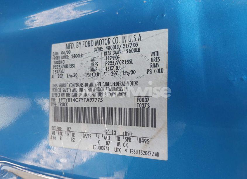 Photo 9 of 2000 Ford Ranger XL/XLT (VIN 1FTYR14C7YTA97775)