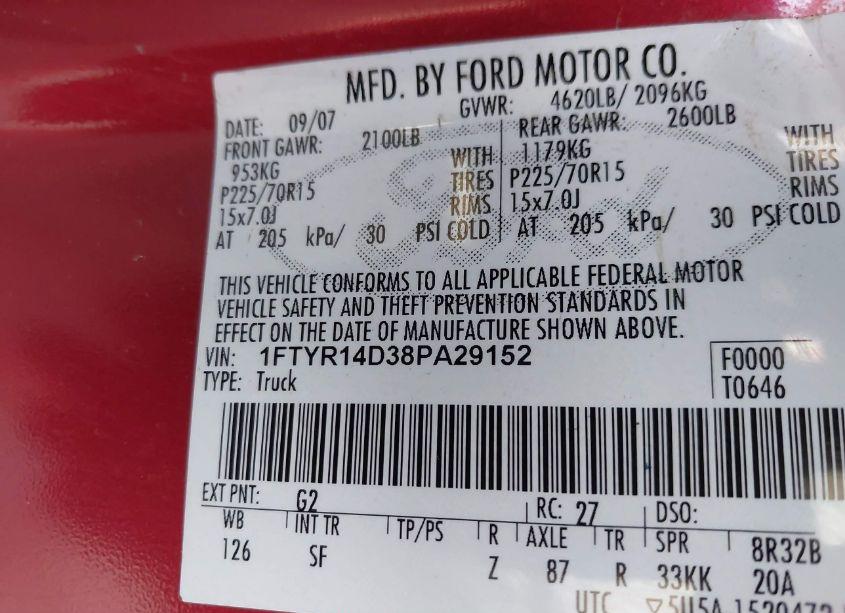 Photo 9 of 2008 Ford Ranger XLT (VIN 1FTYR14D38PA29152)