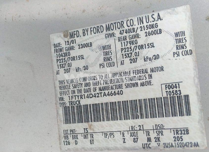 Photo 9 of 2002 Ford Ranger XL/XLT (VIN 1FTYR14D42TA46640)