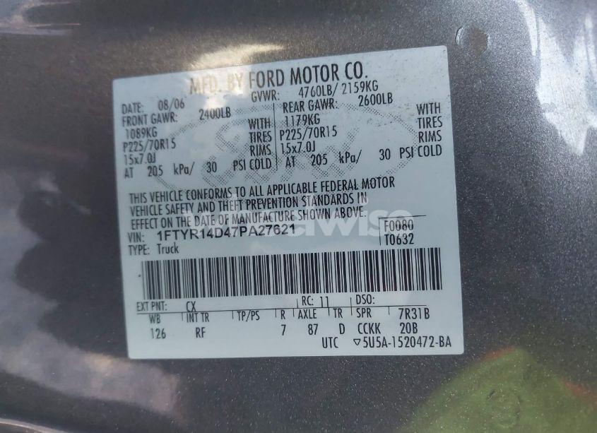 Photo 9 of 2007 Ford Ranger STX/XL/XLT (VIN 1FTYR14D47PA27621)