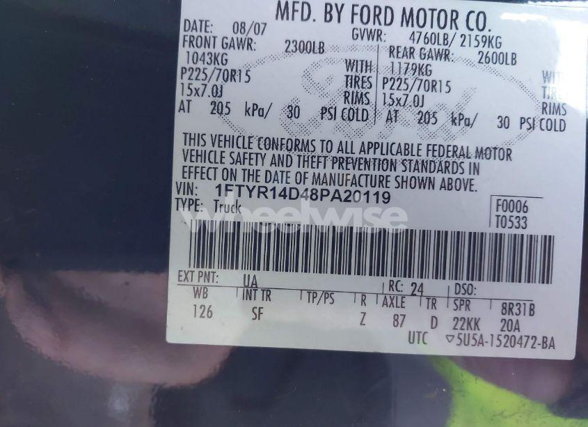 Photo 9 of 2008 Ford Ranger XL/XLT (VIN 1FTYR14D48PA20119)