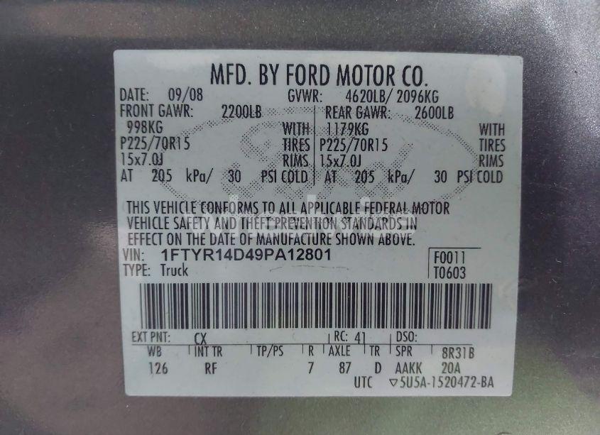 Photo 9 of 2009 Ford Ranger XL/XLT (VIN 1FTYR14D49PA12801)
