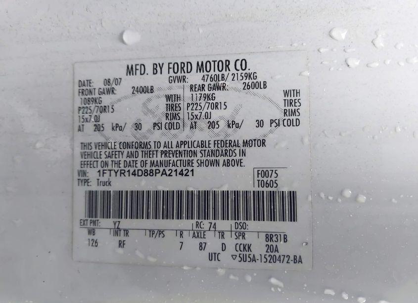 Photo 9 of 2008 Ford Ranger XL/XLT (VIN 1FTYR14D88PA21421)