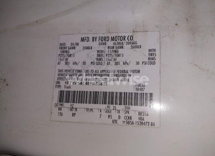 Photo 9 of 2008 Ford Ranger SPORT/XL/XLT (VIN 1FTYR14E48PA85819)