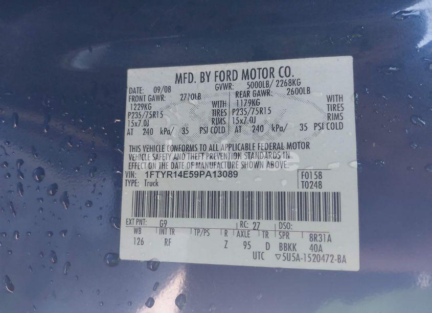 Photo 9 of 2009 Ford Ranger SPORT/XL/XLT (VIN 1FTYR14E59PA13089)