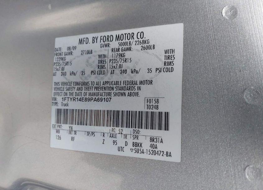 Photo 9 of 2009 Ford Ranger SPORT/XL/XLT (VIN 1FTYR14E89PA69107)