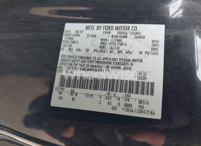 Photo 9 of 2008 Ford Ranger SPORT/XL/XLT (VIN 1FTYR14E98PA20111)