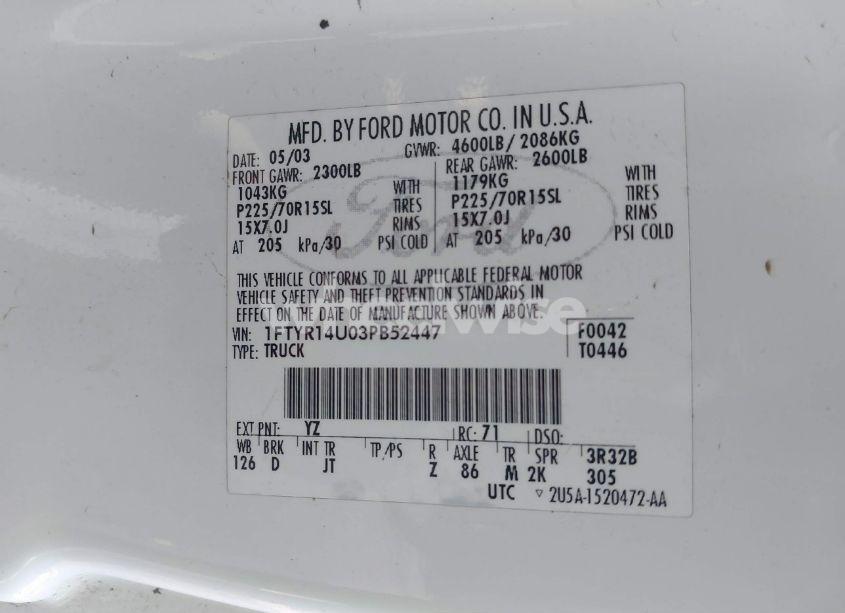 Photo 9 of 2003 Ford Ranger EDGE/TREMOR/XL/XLT (VIN 1FTYR14U03PB52447)