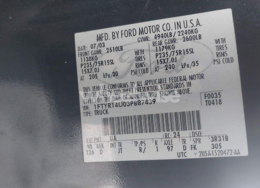 Photo 9 of 2003 Ford Ranger EDGE/TREMOR/XL/XLT (VIN 1FTYR14U03PB87439)