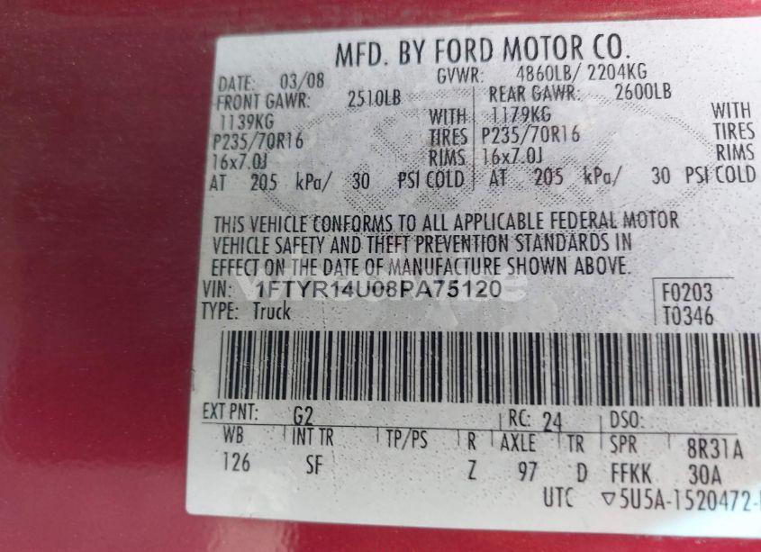 Photo 9 of 2008 Ford Ranger SPORT (VIN 1FTYR14U08PA75120)